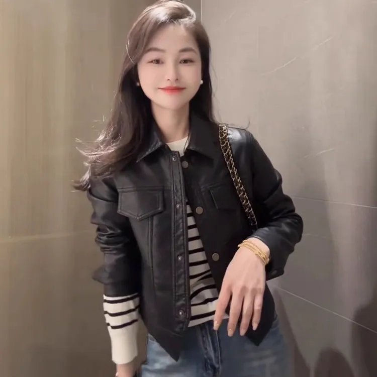 韩版短款机车PU皮衣女2025春季新款高级感小个子时尚POLO夹克外套