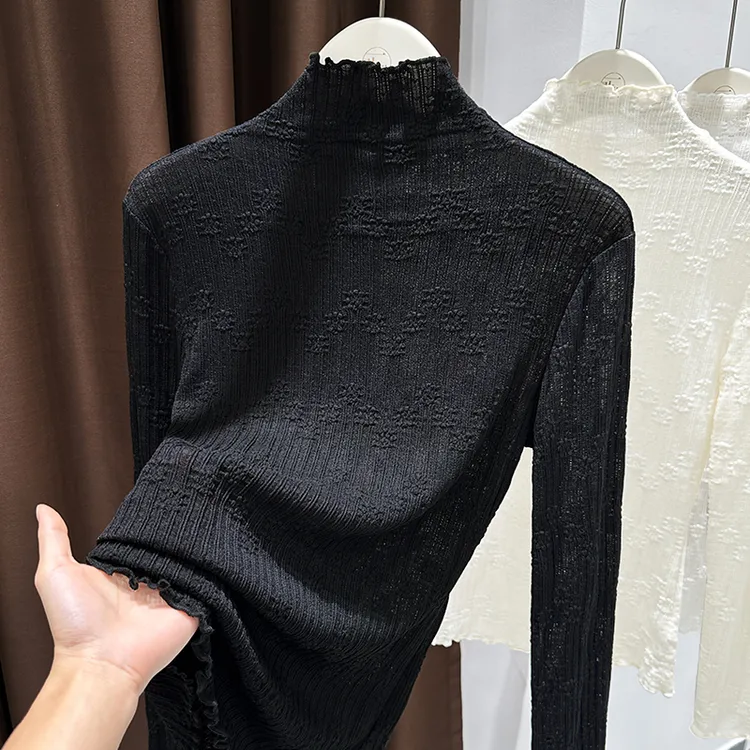 高档黑色半高领套头显瘦打底衫秋季新款木耳边设计长袖蕾丝上衣女