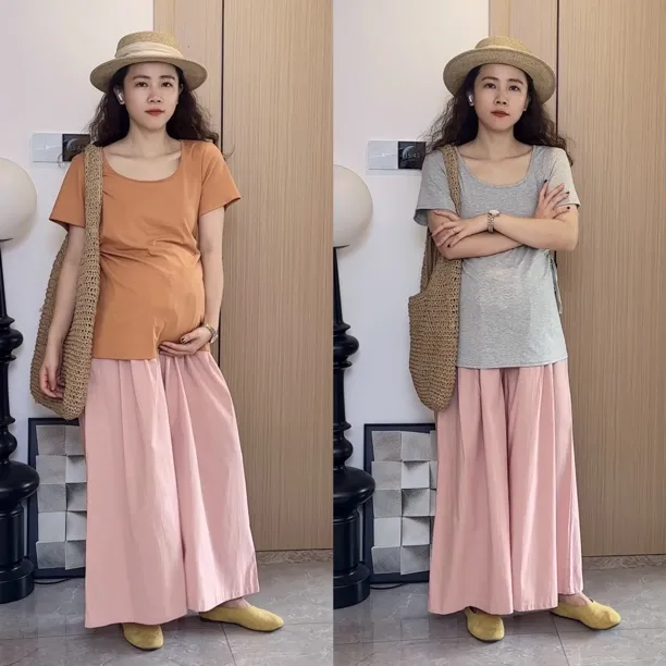 梨形身材穿的孕妇装夏季休闲慵懒风不显腿型棉质无托腹阔腿长裤