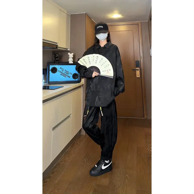 东方骆驼新中式国风龙纹提花盘扣衬衫套装男女同款秋季小众穿搭