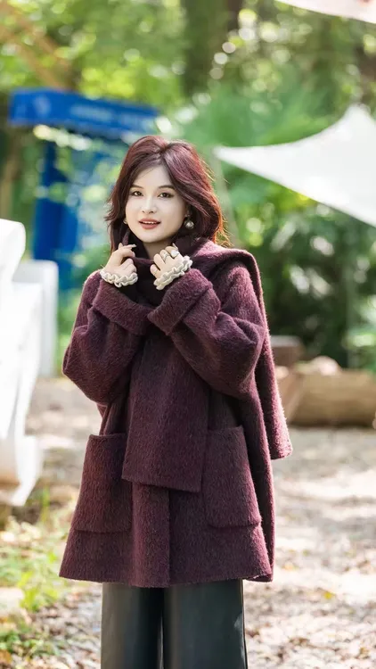 围巾中长款长毛苏丽贝贝绒落肩袖双面大衣女秋冬季时尚宽松百搭