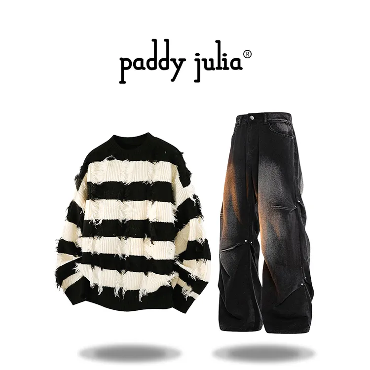 Paddy julia痞帅破洞毛衣套装男春秋季轻奢高街设计感休闲两件套