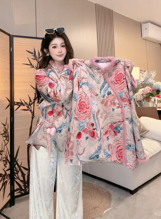 【凤尾花开】新中式国风盘扣立领毛毛加绒新中式温柔风气质秋冬外套