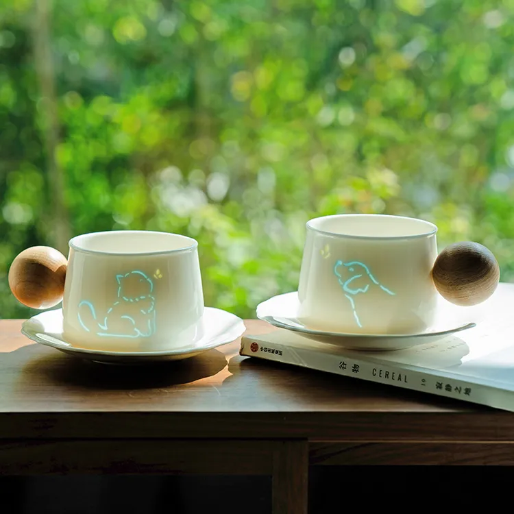德白玲珑白瓷猫咪杯咖啡杯套装中式陶瓷马克水杯茶杯子专用泡茶杯