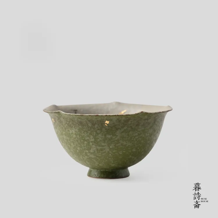 暮诗斋橘绿洒金花口茶杯主人杯传统中国色釉下彩手绘竹子高足杯