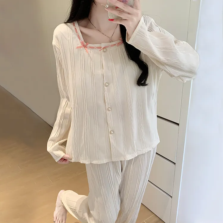 Meng luan/梦鸾春秋季新款杏色蝴蝶结睡衣女长袖带胸垫家居服套装