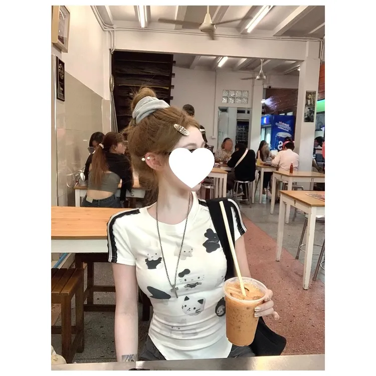 玩偶礼品屋 kt印花圆领正肩短袖T恤女小个子修身短上衣