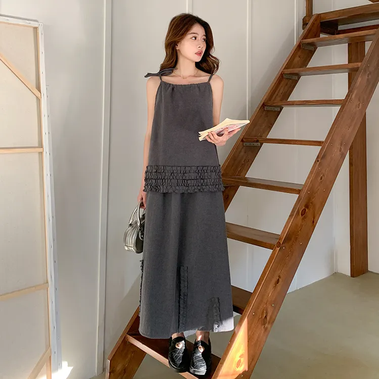 夏季无袖背心时尚显瘦气质针织休闲复古吊带半身裙两件套