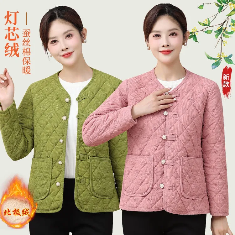冬季新款女时尚中式加绒加厚棉服欧棉绒棉袄休闲百搭外套