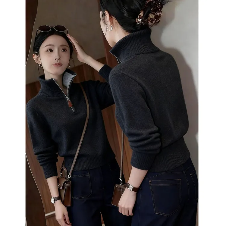深灰色半拉链立领针织衫毛衣女款2025新款深冬独特超好看内搭上衣