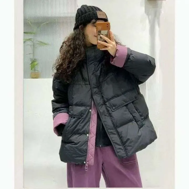 冬季羽绒服女中长款2025新款撞色立领加厚宽松韩版鸭绒外套