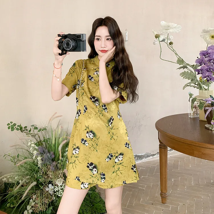 夏日减龄高级感一整套新中式国风印花改良旗袍上衣短裤气质两件套