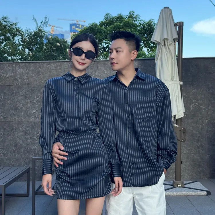 【YG】情侣装秋季长袖短裙复古修身条纹时尚衬衫连衣裙一裙一衣