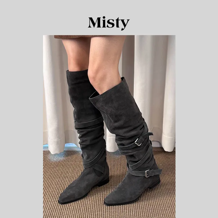 Misty雾屿女鞋|34-40|3.5cm|2025新款百搭方头粗跟反绒堆堆过膝靴