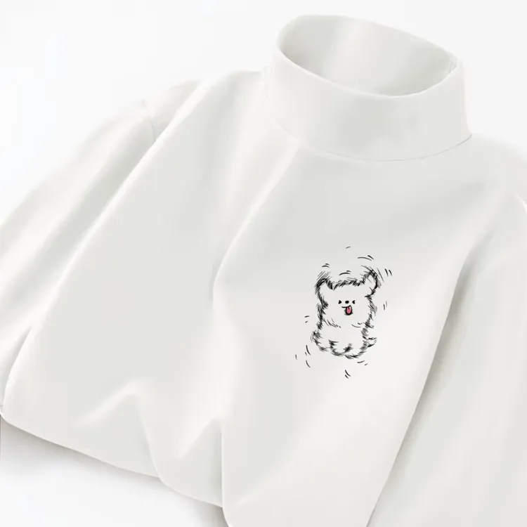 【德绒保暖】280g重磅线条小狗印花半高领长袖T恤男女秋冬蓄热打底