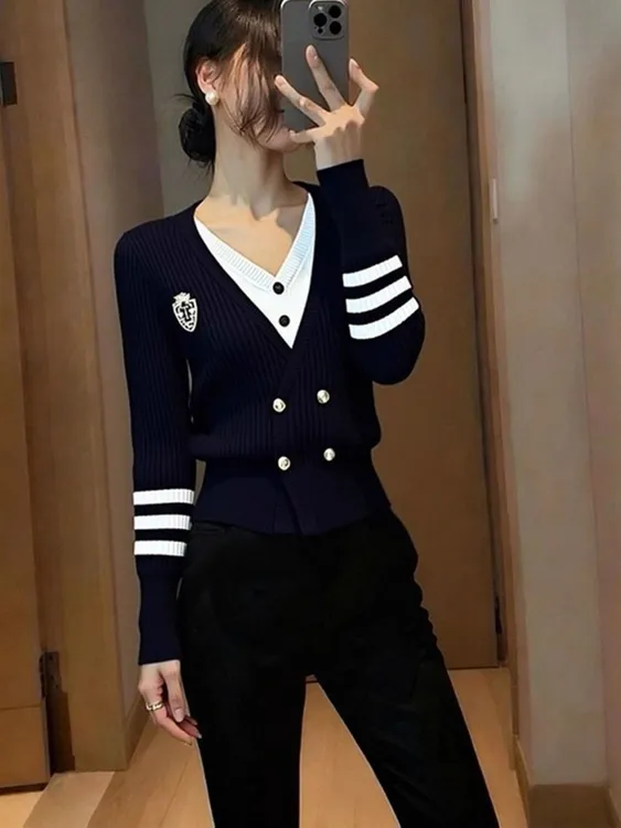 韩版休闲百搭假两件针织衫上衣女2025秋冬新款小香风显瘦打底毛衣