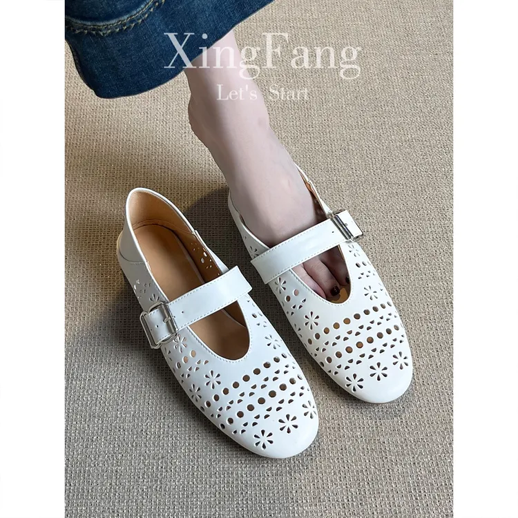 牛皮版~法式镂空一字带玛丽珍鞋女浅口新款百搭透气舒适平底单鞋