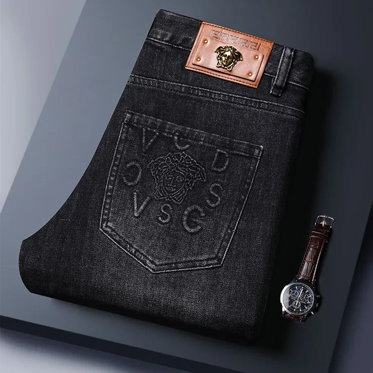 高弹力黑色轻奢多口袋秋冬男士拉链牛仔裤修身弹力潮片欧货休闲裤