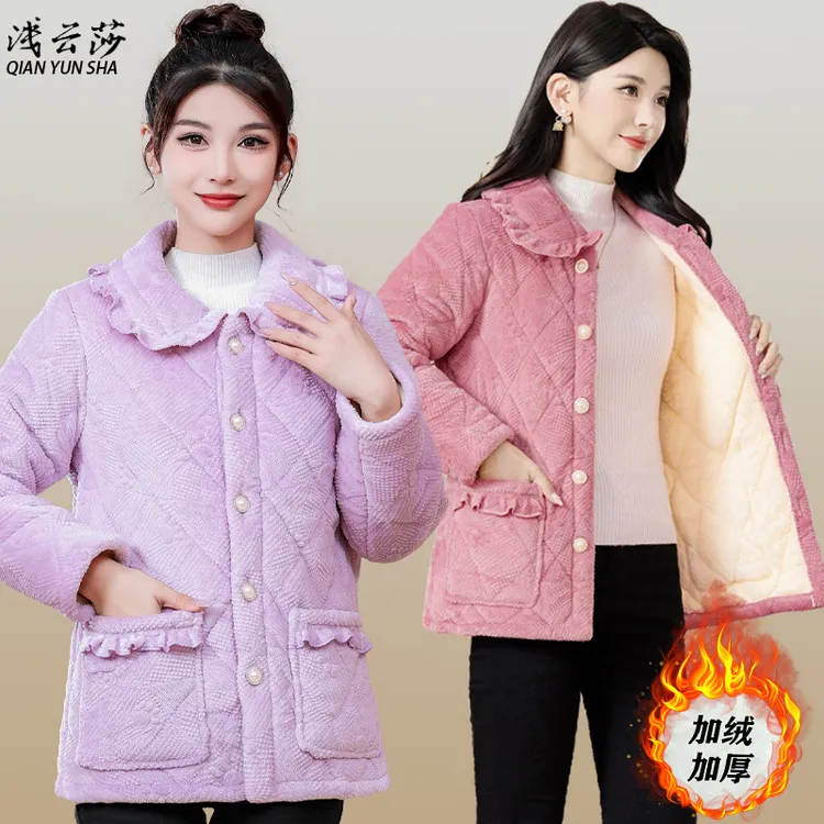 秋冬加厚睡衣外套牛奶绒棉衣保暖加绒棉袄翻领减龄妈妈家居服上衣