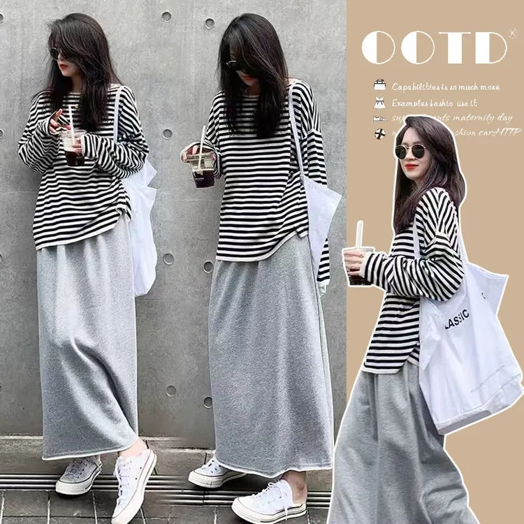 孕妇装2025秋季新款时尚韩版松弛感条纹上衣半身裙宽松孕妇连衣裙