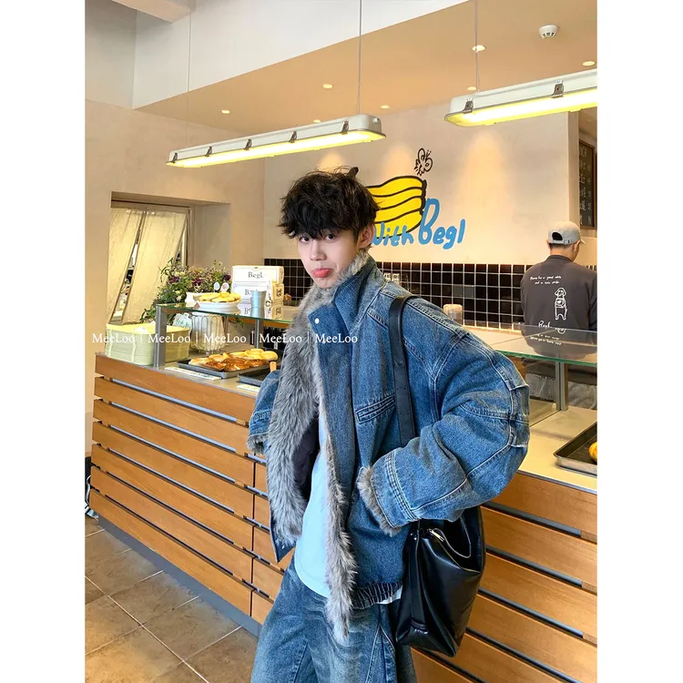 MeeLoo美式水洗牛仔座山雕绒感外套男复古解构可立领加绒夹克棉衣