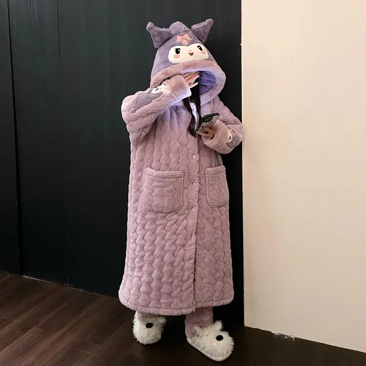 卡通库洛米连帽睡袍女款冬季加绒加厚珊瑚绒三层夹棉袄睡衣家居服