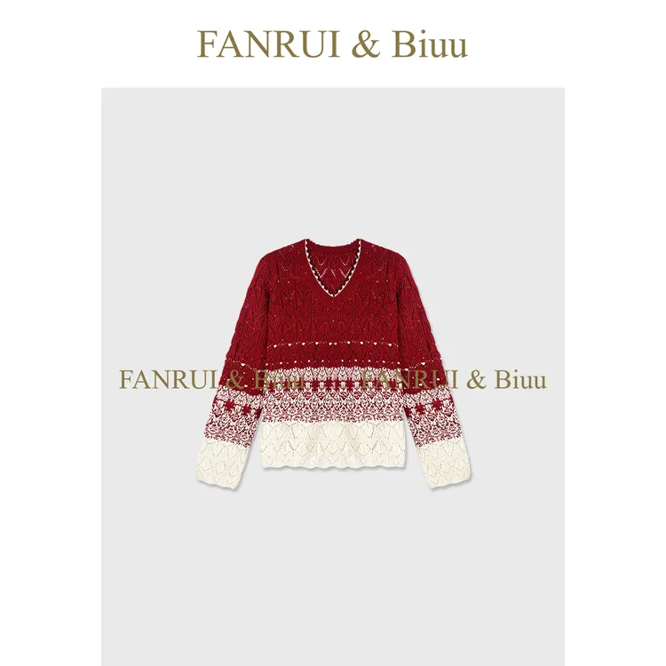 FANRUI/泛芮「贝贝biuu」羊毛暗纹双色拼接减龄百搭针织上衣B18559