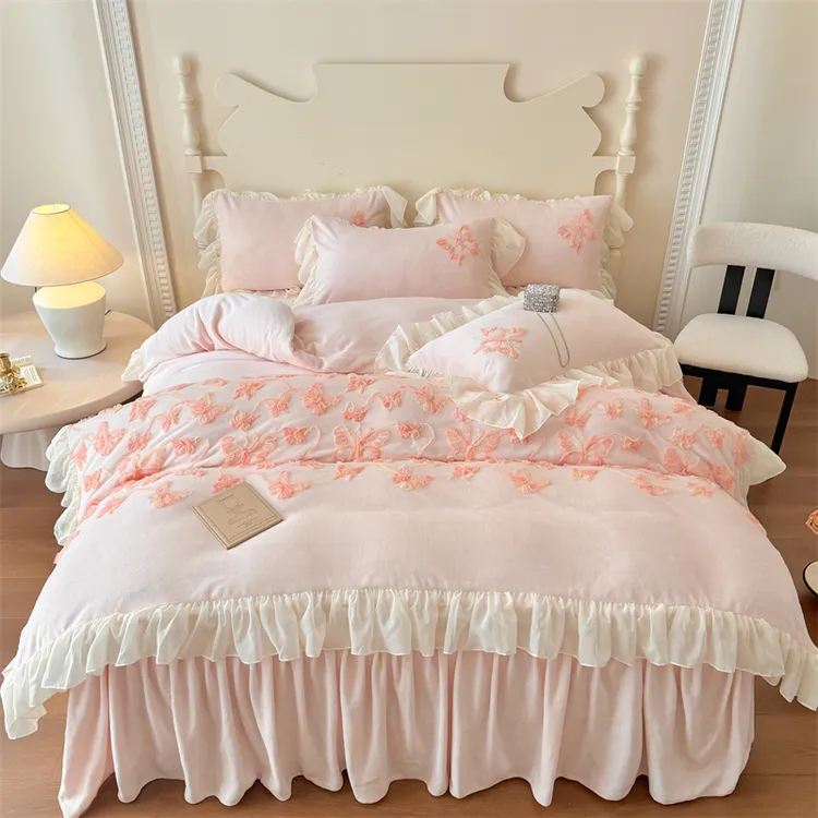 法式冬季加绒牛奶绒四件套公主风珊瑚绒蝴蝶蕾丝花边加厚被套床品
