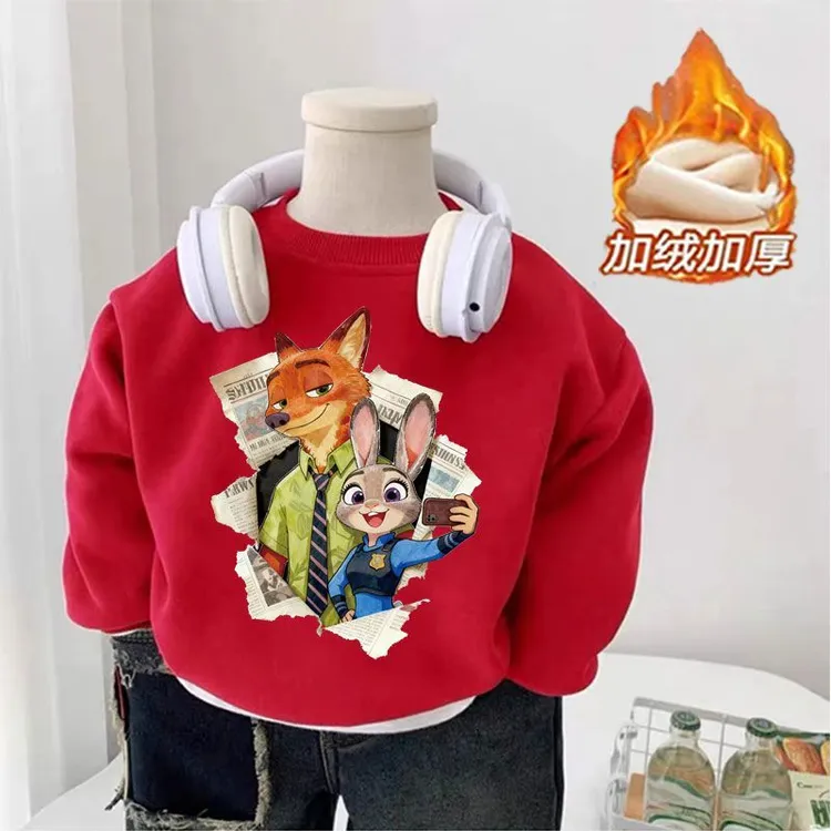 疯狂动物城男女童新款春秋冬加绒卫衣新年儿童加厚红色中大童上衣