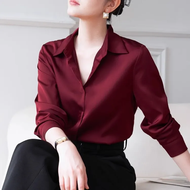 复古酒红色衬衣女高档仿醋酸缎面垂顺OL洋气显肤白设计感长袖衬衣