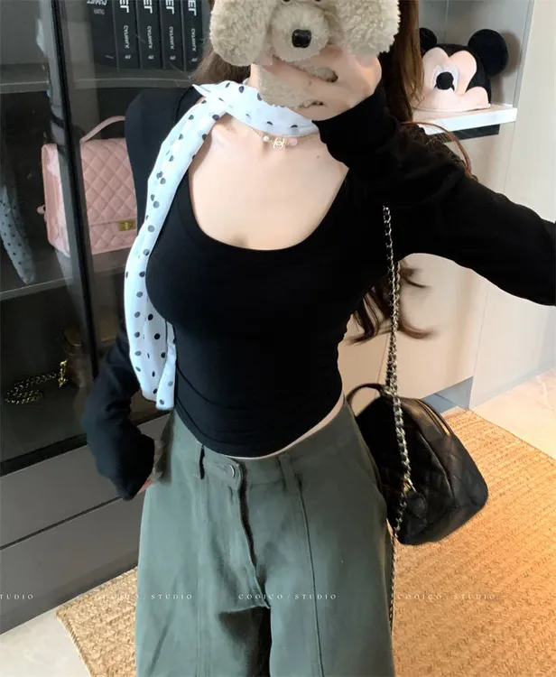 设计感辣妹百搭上衣秋季美式U领波点飘带长袖修身显瘦T恤