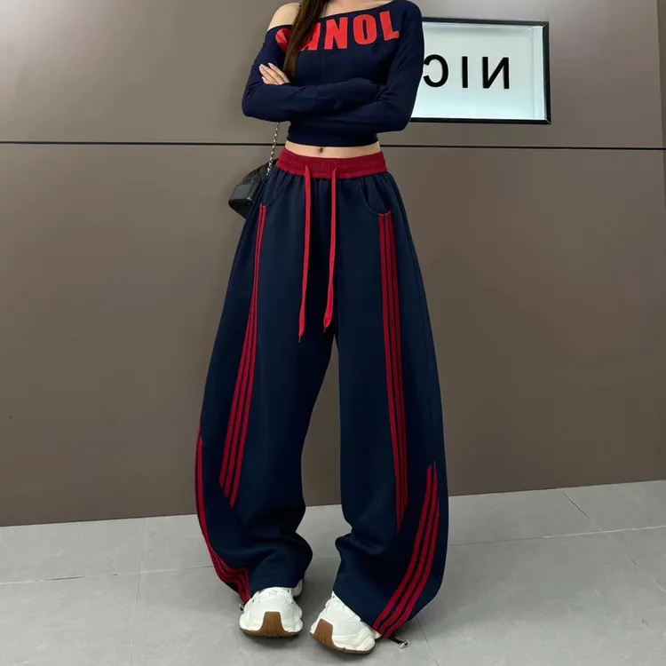 秋冬2025新款高腰宽松垂感阔腿裤欧货侧条纹拼接运动加绒休闲裤女