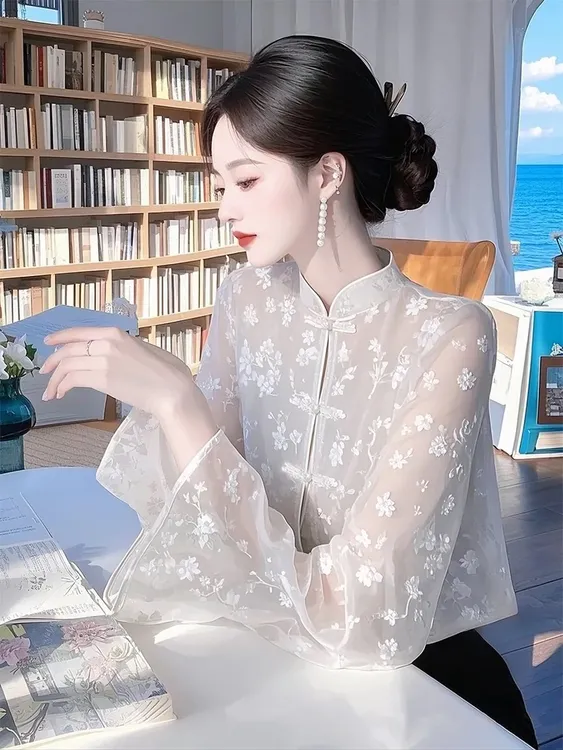 SS1114早春新款新中式白色衬衫显瘦女士小衫独特漂亮法式显瘦上衣