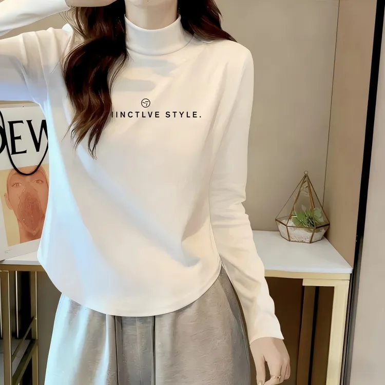 半高领德绒打底衫女秋冬圆弧下摆长袖显瘦百搭修身显瘦小个子上衣