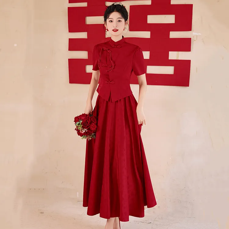 新中式新娘结婚旗袍高级感夏季酒红色回门两件套订婚礼服敬酒服女