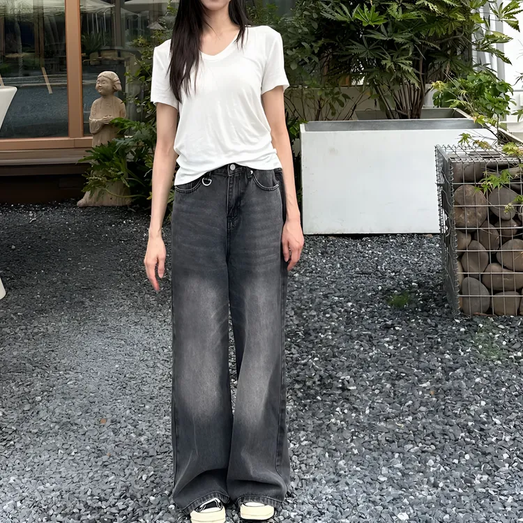 宽松阔腿直筒美式复古做旧高腰通勤风女牛仔裤休百搭水洗设计感