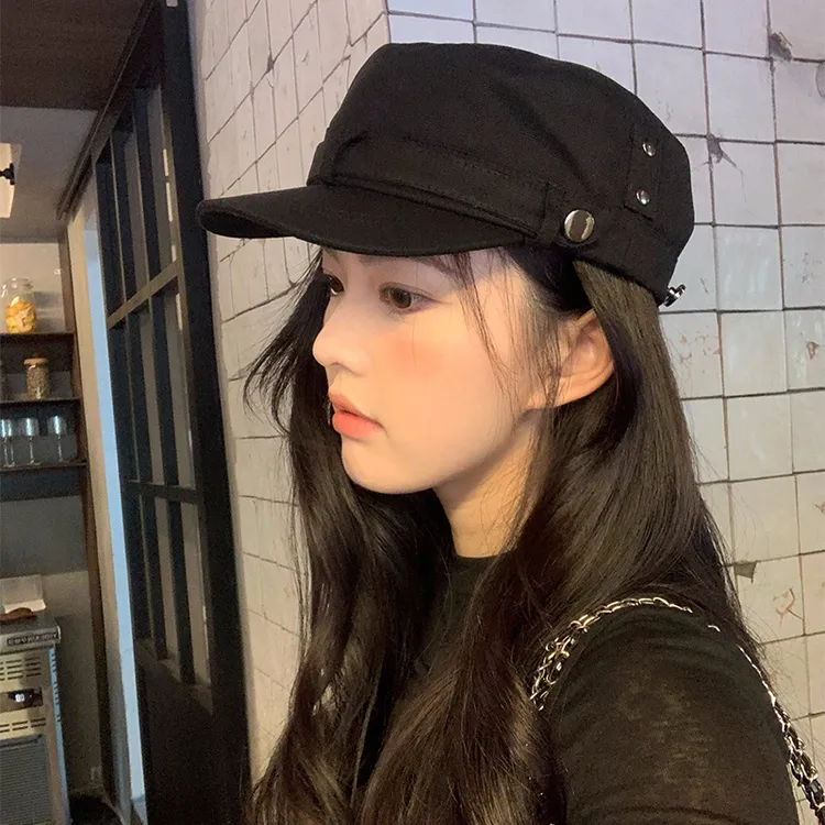 韩系复古做旧水洗平顶帽女夏季高级感休闲百搭显脸小黑色鸭舌帽子