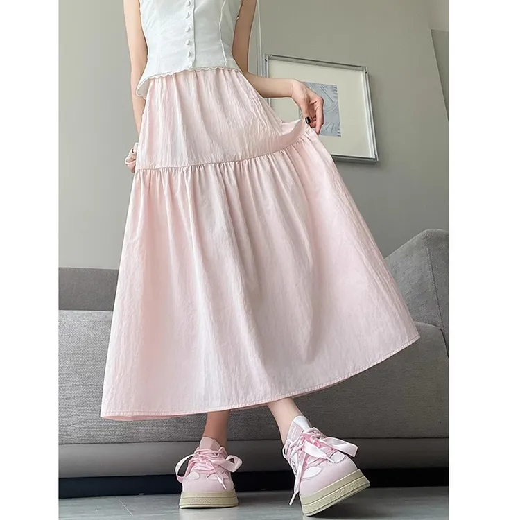 粉色拼接蛋糕裙半身裙女夏季小个子高腰垂感a字大摆裙中长款伞裙