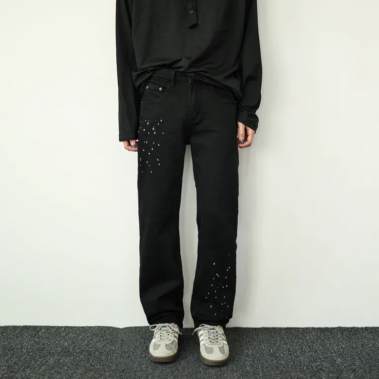 秋冬小众泼漆设计感弹力牛仔裤男美式高街ins风微宽松黑色直筒裤