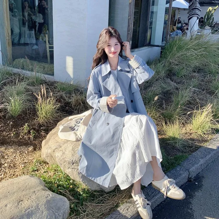 蓝色风衣外套女中长款2025春季新款今年流行老钱风气质英伦风大衣