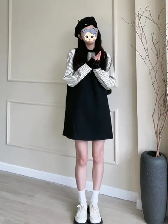 秋季学院风小个子可盐可甜温柔甜美穿搭条纹拼接假两件连衣裙女