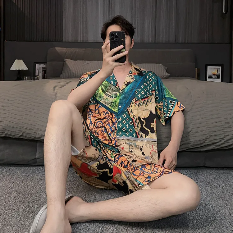 可外穿时尚男士夏季睡衣冰丝薄款短袖短裤2025新款夏天家居服套装