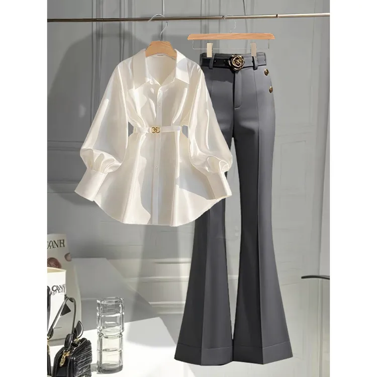 早秋新款轻奢小众高级感白色长袖衬衫女小个子灰色西装裤两件套装