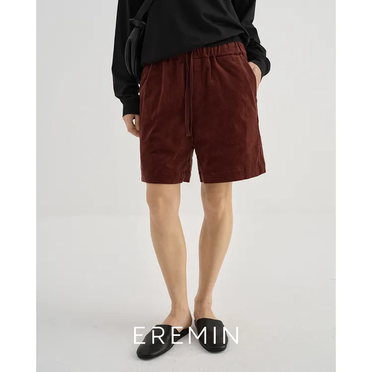 DE Mincollection「琥珀流光风」灯芯绒短裤/雾感松紧腰休闲短裤