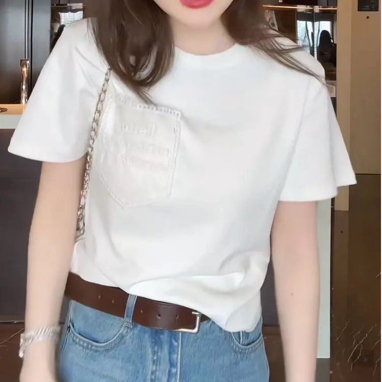花边口袋T2025新款气质休闲时尚高级花边口袋T恤女上衣LK2501557