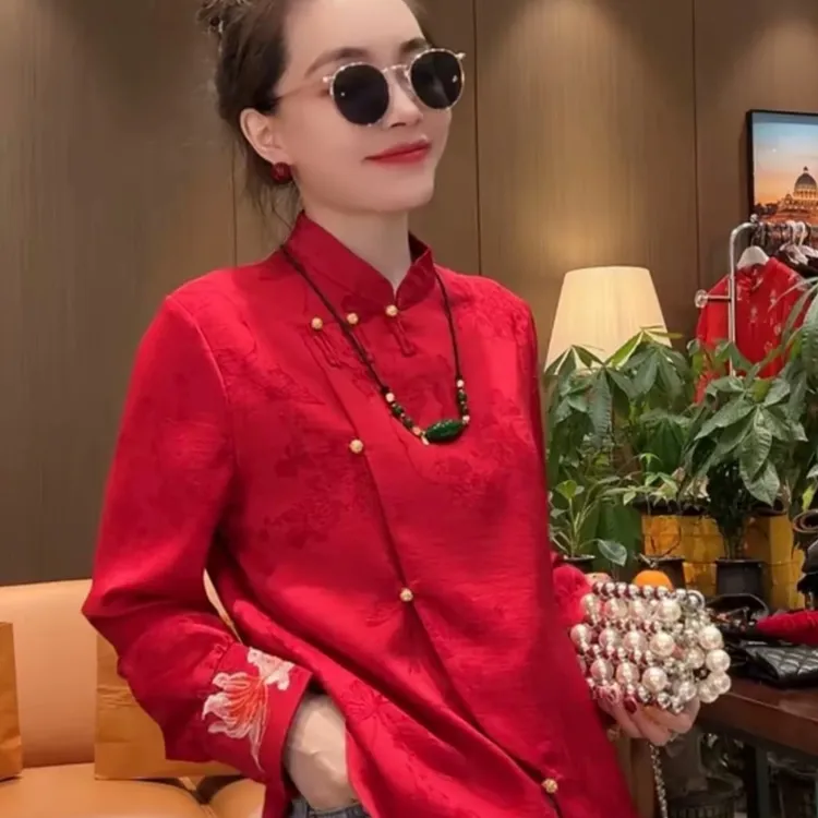 新中式新年重工刺绣提花双鱼送福时尚显瘦上衣复古气质衬衫潮