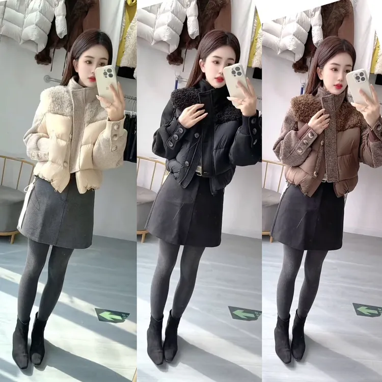 冬季时尚一整套女装2025新款洋气复古拼接棉服外套百搭短裙两件套