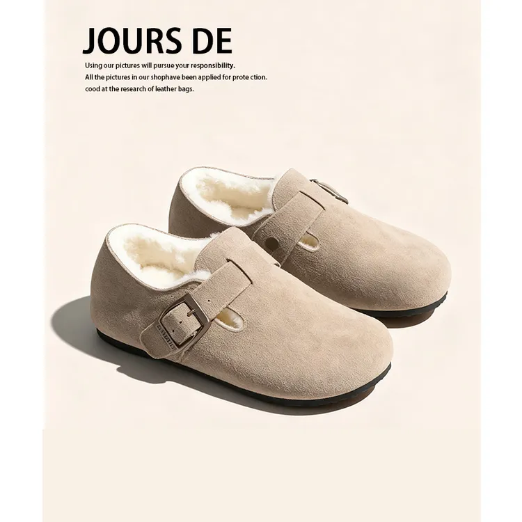 牛皮~加绒复古全包勃肯鞋女2025冬季新款保暖毛毛一脚蹬棉鞋单鞋