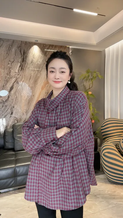 【冲姐】冬季设计感磨毛格子撞色时髦衬衫（胸围140衣长77）77067