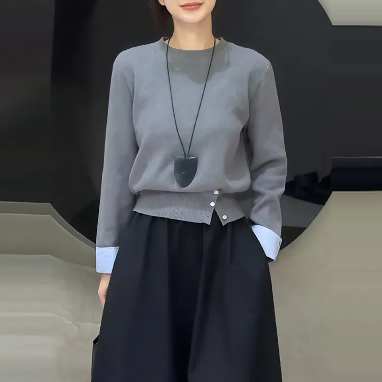韩系假两件毛衣女秋冬新款收腰显瘦圆领针织衫百搭打底衫内搭上衣